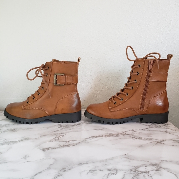 Womens Brown Cognac Combat Boots - Picture 5 of 7